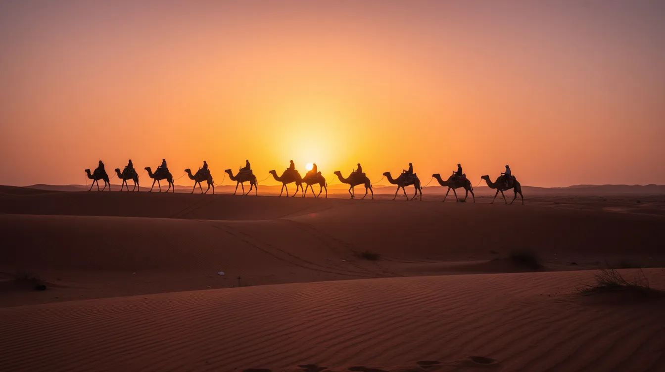 Silhouettes of camels and riders traverse the golden sand dunes of the Sahara Desert against a vibrant orange sunset sky, capturing the essence of a desert adventure in Merzouga, Morocco. This picturesque scene evokes the beauty of camel rides and the tranquil life of the nearby villages.