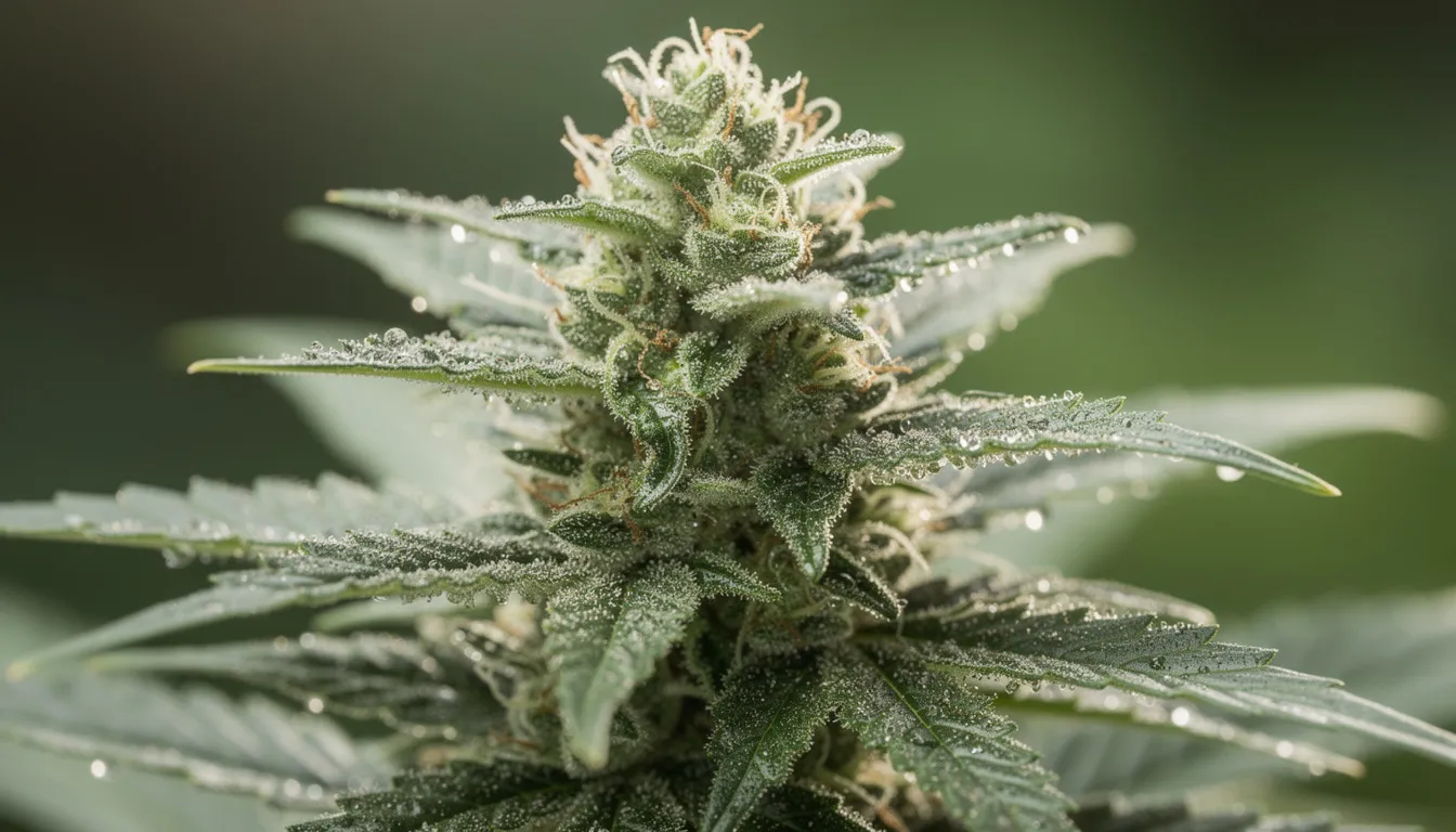 Die Nahaufnahme zeigt eine frische Cannabispflanze mit glänzenden Trichomen auf den Blütenständen, die reich an THCA sind, einer Vorstufe von THC. Die Details der Blüten und die Struktur der Trichome verdeutlichen die besonderen Eigenschaften der Cannabispflanze und deren Potenzial für verschiedene Anwendungen.