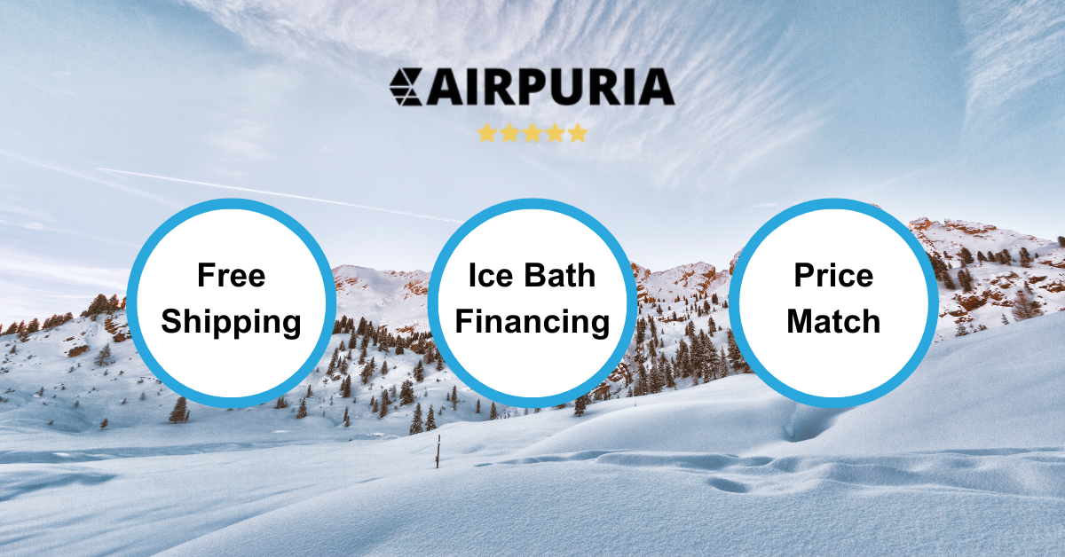 A graphic image showing free shipping, ice bath tub financing, an included warranty, and a price match guarantee on cold plunge tubs offered by Airpuria.