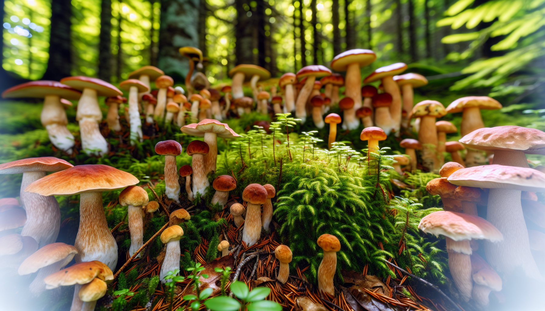 Various types of functional mushrooms in a forest