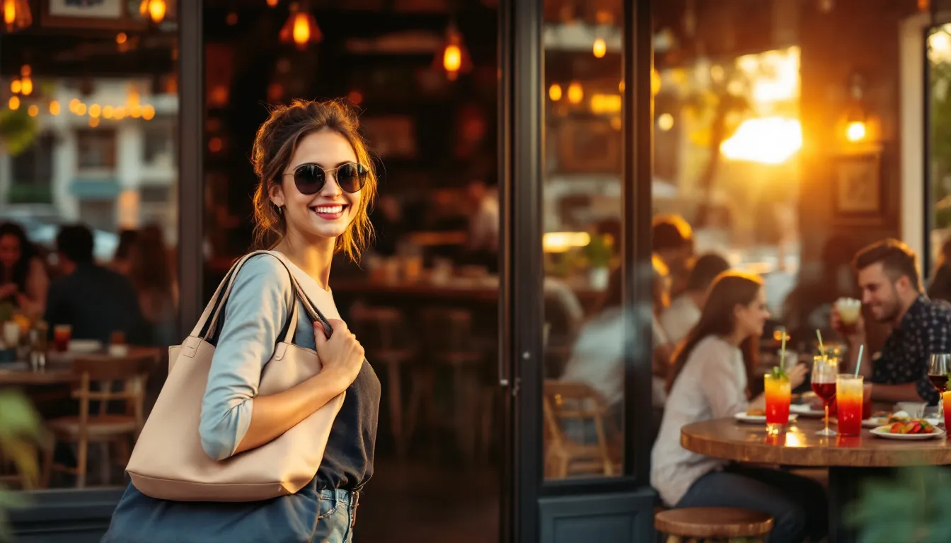 A customer is entering a bustling restaurant during happy hour, where the atmosphere is lively with friends gathering to enjoy drink specials and small plates at reduced prices. The establishment is filled with the sounds of laughter and clinking glasses, inviting new customers to partake in the evening's promotions.
