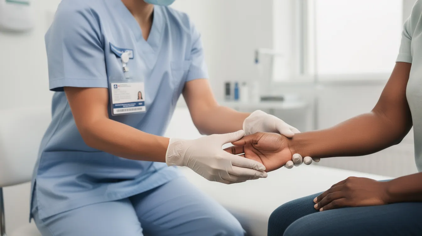A medical professional is examining a patient's wrist and forearm in a clinical setting, focusing on potential injuries that may be covered by workers compensation insurance. This examination is crucial for injured workers seeking medical treatment and benefits related to on-the-job injuries.
