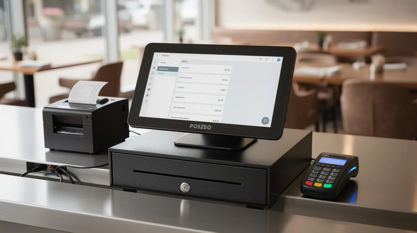 The image showcases a professional restaurant POS system on a sleek stainless steel counter, featuring an all-in-one touch terminal with the POSZEO logo, a thermal receipt printer with organized cables, a robust cash drawer beneath, and an EMV payment terminal to the side. The background displays a softly blurred modern dining room, emphasizing the advanced features of this user-friendly point of sale setup, ideal for enhancing restaurant operations.