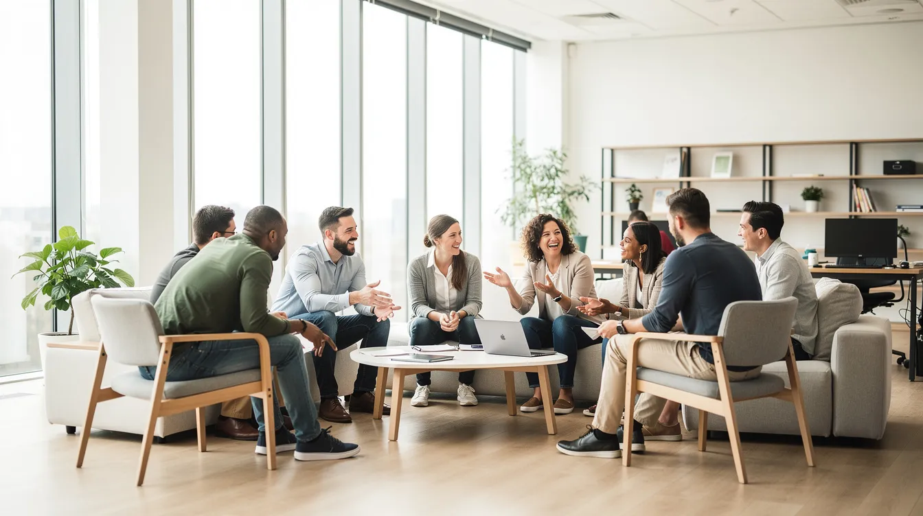 L'image montre un espace de travail ouvert et moderne où des membres de l'équipe sont assis en cercle, engagés dans une discussion animée sous une lumière naturelle abondante. Cet environnement favorise la collaboration et stimule la créativité au sein de l'équipe, permettant ainsi l'échange d'idées innovantes pour la gestion de projet.