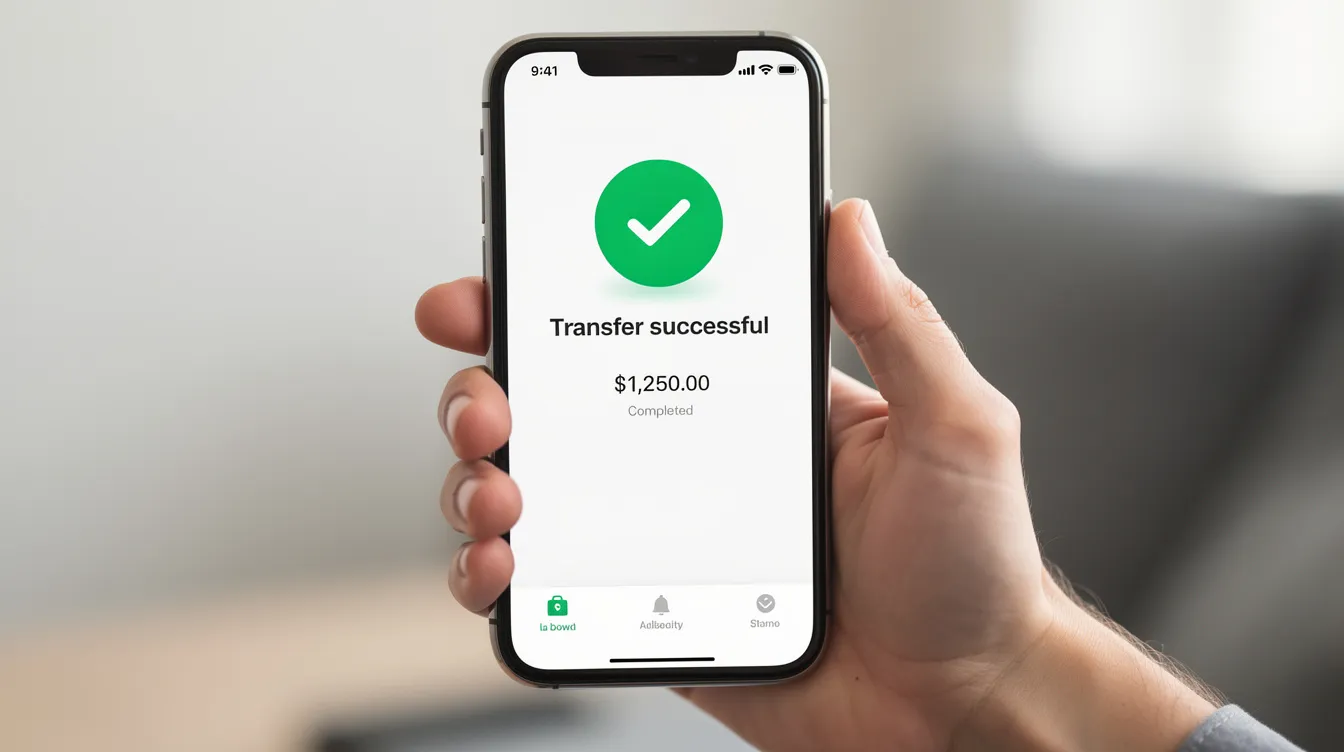 A hand is holding a smartphone that displays a money transfer confirmation screen featuring a green checkmark, indicating a successful transaction. This image reflects the convenience of international money transfers through banking services, ensuring secure and efficient payments.