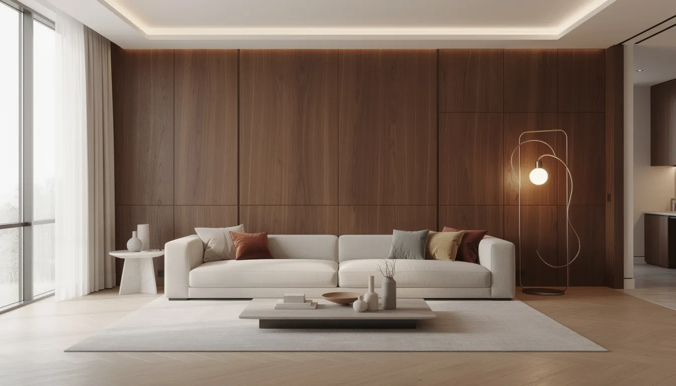 Een luxe woonkamer met houten wandpanelen die een warme uitstraling geven, achter een moderne bank. De designverlichting zorgt voor een unieke sfeer en accentueert de elegante afwerking van de muren.