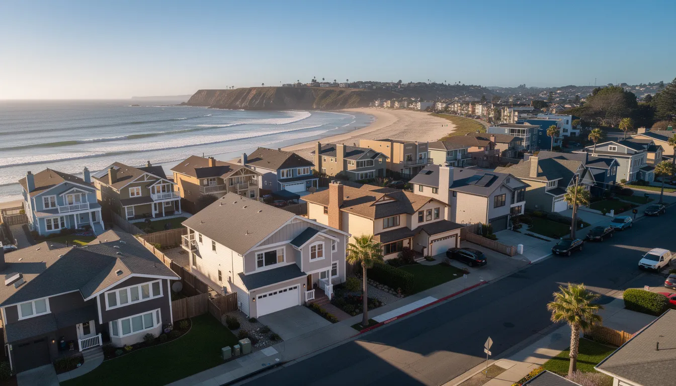 The image depicts a picturesque coastal town on the West Coast, featuring charming residential homes under a clear blue sky. This serene setting is reminiscent of St Helena Bay, where professional DSTV installation services are available to enhance your viewing experience.