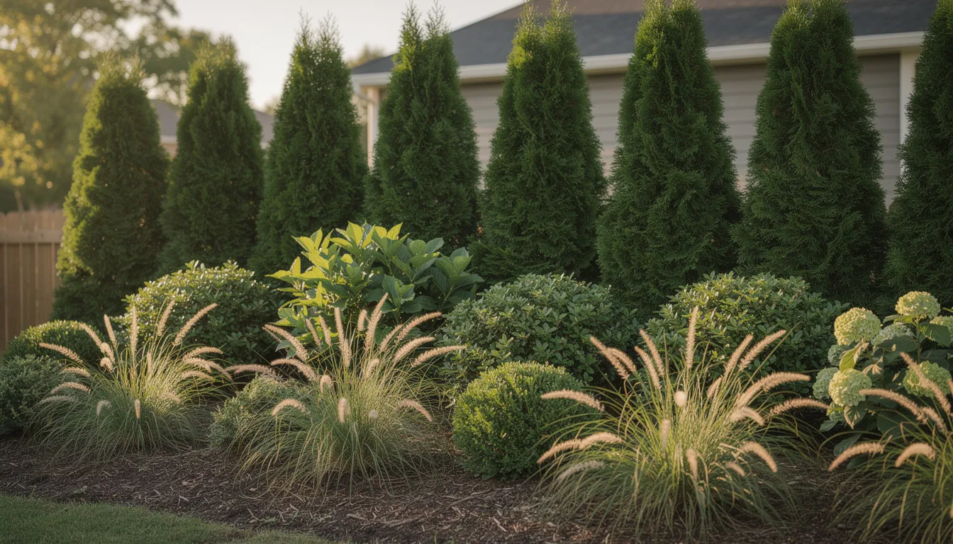 The image features a layered garden privacy screen composed of tall evergreen trees, medium shrubs, and ornamental grasses, creating a serene retreat in an outdoor space. This lush greenery not only adds depth and beauty but also serves as a natural barrier, inviting relaxation and enhancing the overall backyard landscaping.