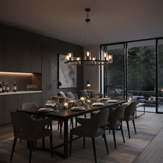 Large ring chandelier with candle-style lights suspended above a long dining table for warm evening ambience.