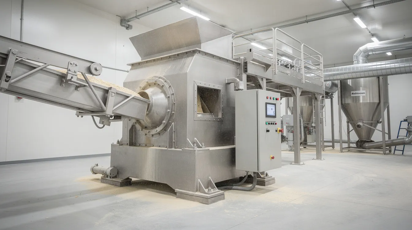 03685111 41e0 4fb6 ac1f 63ff09301fcf The image depicts a heavy-duty industrial hammer mill with a robust metal housing and visible rotating components, situated in a flour processing plant. This equipment is essential for the besan manufacturing process, efficiently grinding chana dal into fine besan while ensuring consistent texture and quality for the final product.