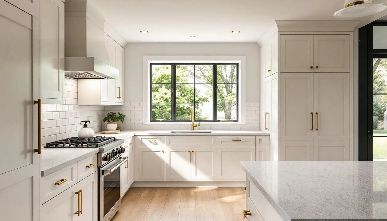 In this modern farmhouse kitchen, alabaster cabinets with brass hardware create a classic yet contemporary look, complemented by warm white walls and natural light streaming in. The space features painted oak cabinets and granite countertops, enhancing the inviting atmosphere of this beautifully designed kitchen.