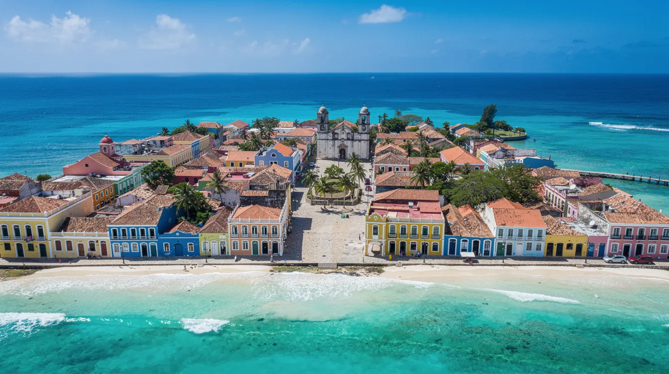 Vista aérea de uma cidade colonial vibrante, com casas coloridas e cercada por águas azul-turquesa do Caribe, representando a capital de Curaçao. O cenário destaca a diversidade cultural e as paisagens paradisíacas da ilha, um destino popular para turistas que buscam experiências únicas.