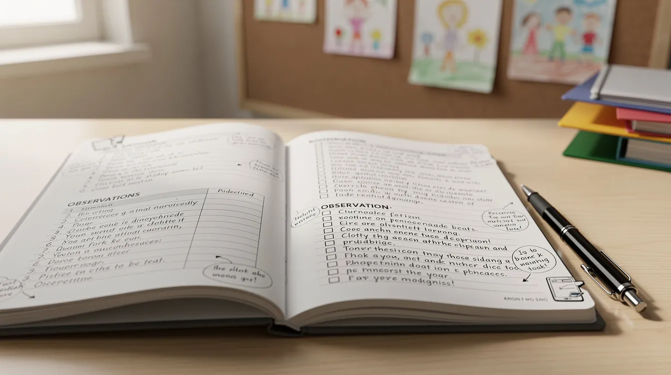 Na zdjęciu widoczny jest otwarty dziennik psychologa szkolnego na biurku, obok leży długopis. Dziennik ten zawiera przykładowe wpisy do dziennika, kt&oacute;re mogą być używane do dokumentacji spotkań z uczniami oraz konsultacji z rodzicami.