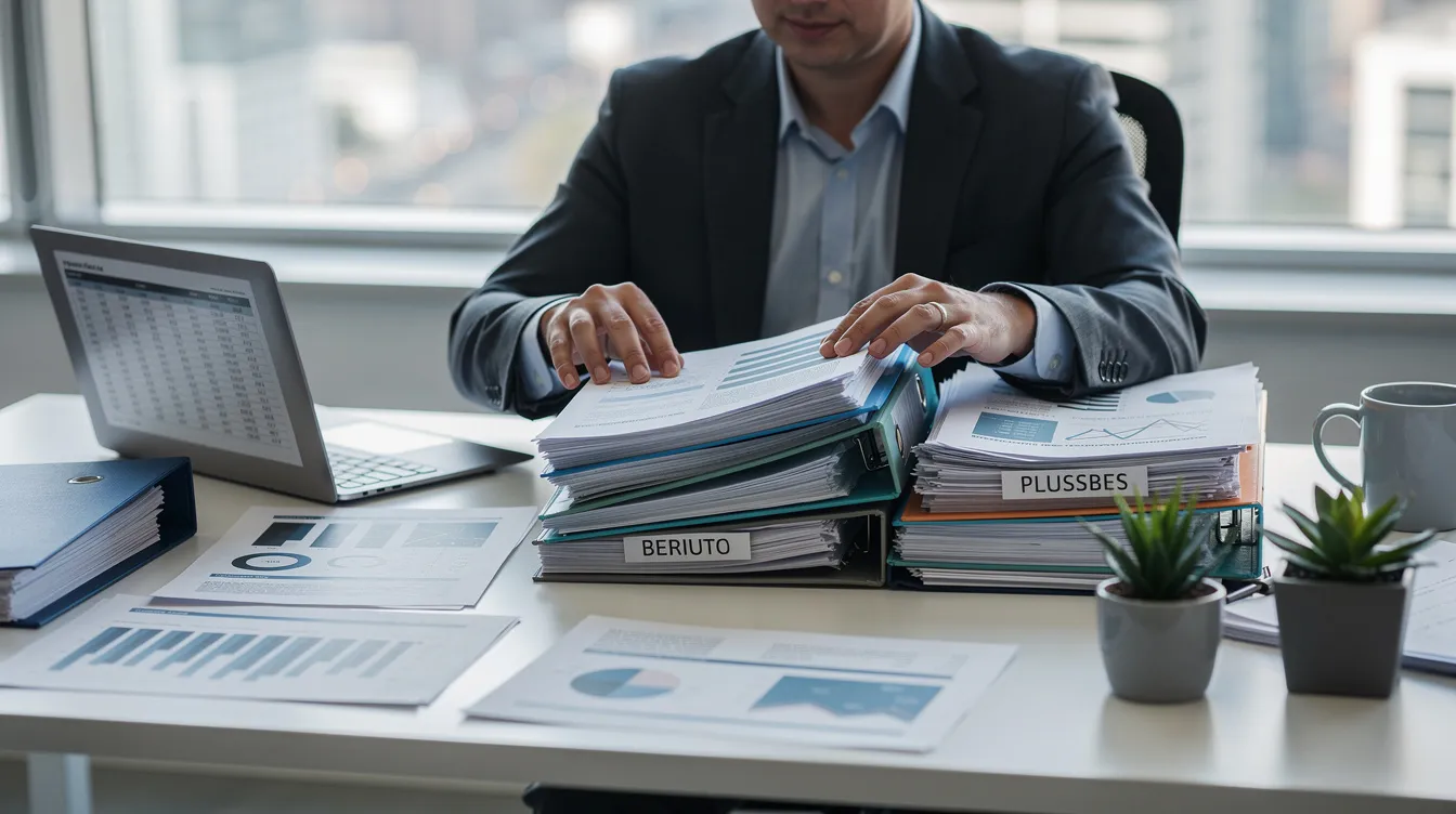 The image depicts a person diligently organizing various business documents and files on an office desk, emphasizing the importance of managing business finances effectively. This scene highlights the need for proper documentation when applying for loans, such as mudra loans, to support small and micro enterprises in India.