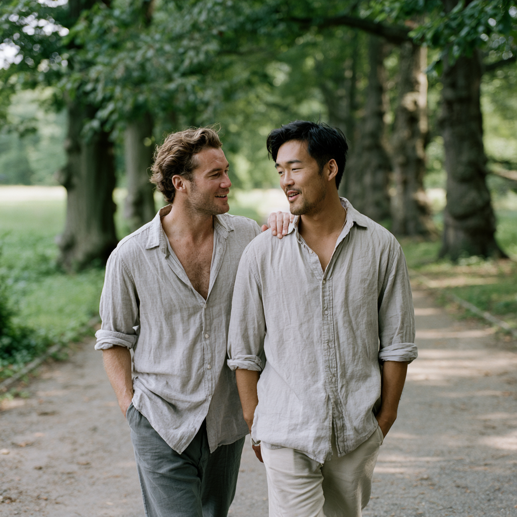 Male couple walking a Prospect Park path, turned toward each other in conversation.