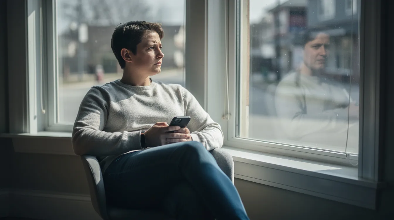 A person sits thoughtfully by a window, holding their phone and reflecting on a message that may evoke feelings related to their childhood experiences and attachment styles. This moment of contemplation highlights the emotional connection and self-awareness that can influence adult relationships and the healing journey from past trauma.