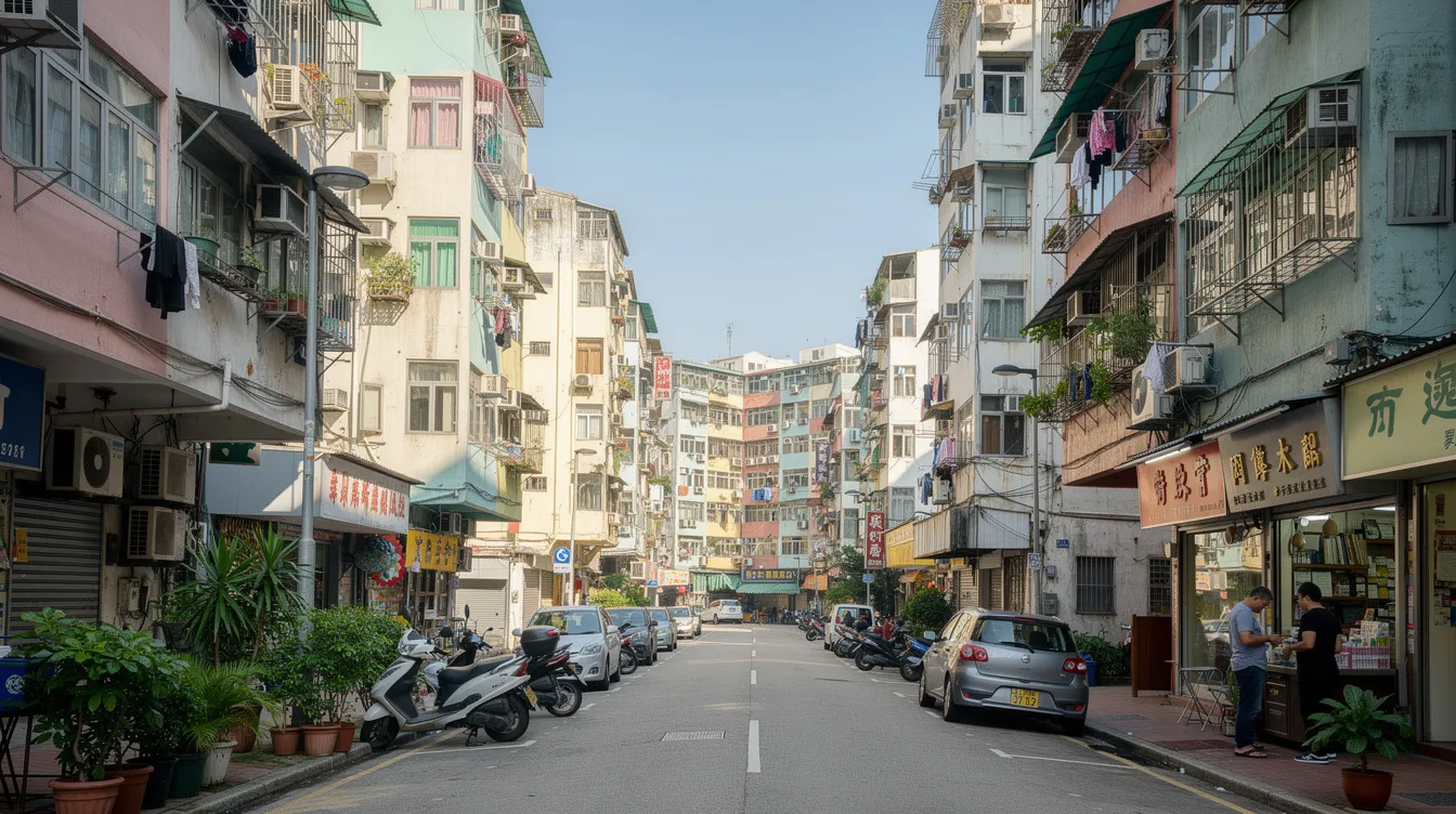 The image depicts a tranquil residential neighborhood in Hong Kong, featuring several apartment buildings set against a clear blue sky, reflecting the serene atmosphere of urban living. This scene could be indicative of areas where 公務員 might reside, highlighting the balance between city life and peaceful surroundings.