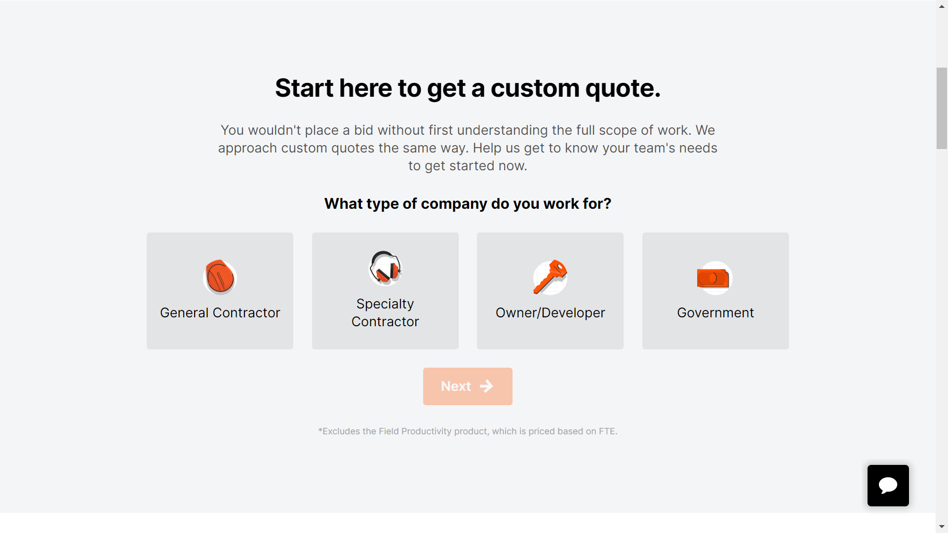 Procore's pricing page screenshot