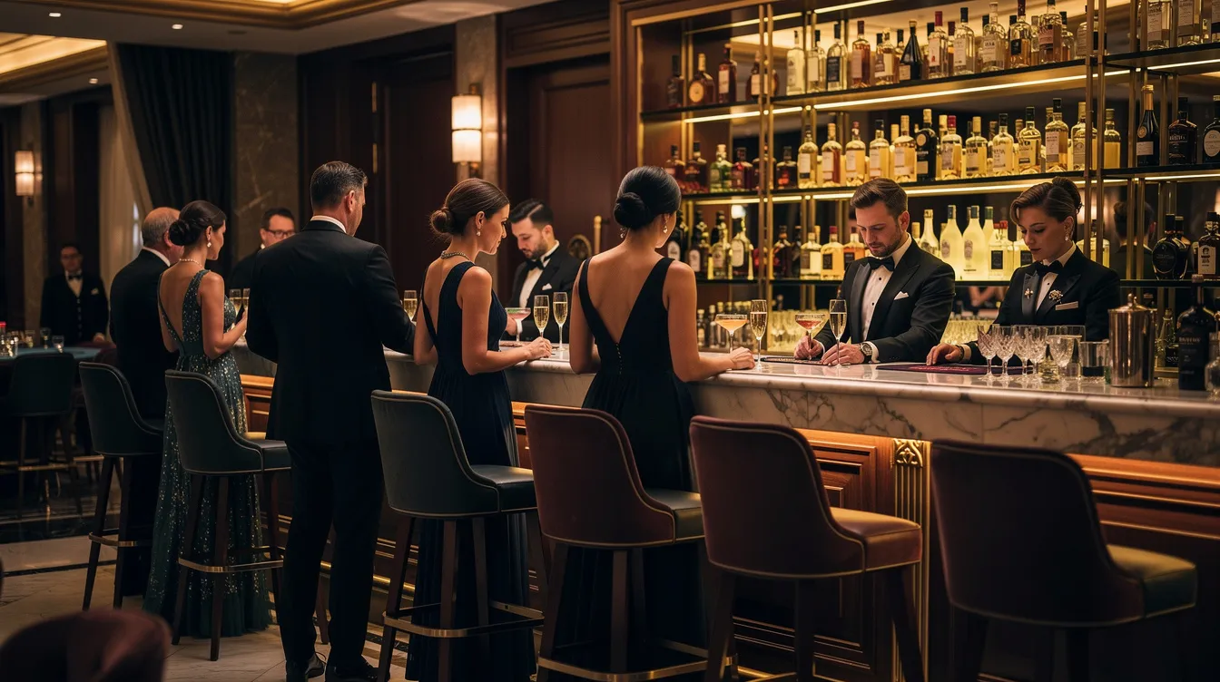 Elegante Gäste in Abendgarderobe stehen an einer stilvollen Casino-Bar, umgeben von gedämpftem Licht und glitzernden Kristallgläsern. Die Atmosphäre strahlt Geselligkeit und Luxus aus, während die Anwesenden sich auf das Glücksspiel und die verschiedenen Casinospiele konzentrieren.