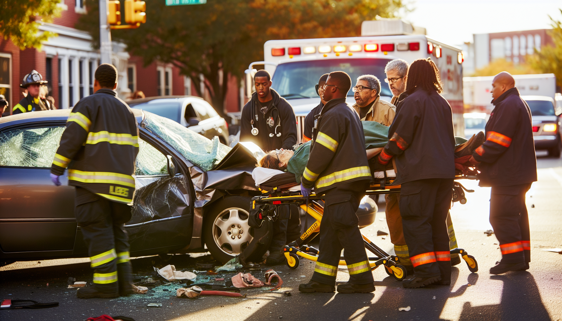 A car accident scene with emergency responders and injured individuals representing types of personal injury cases handled by Jackson accident lawyers.