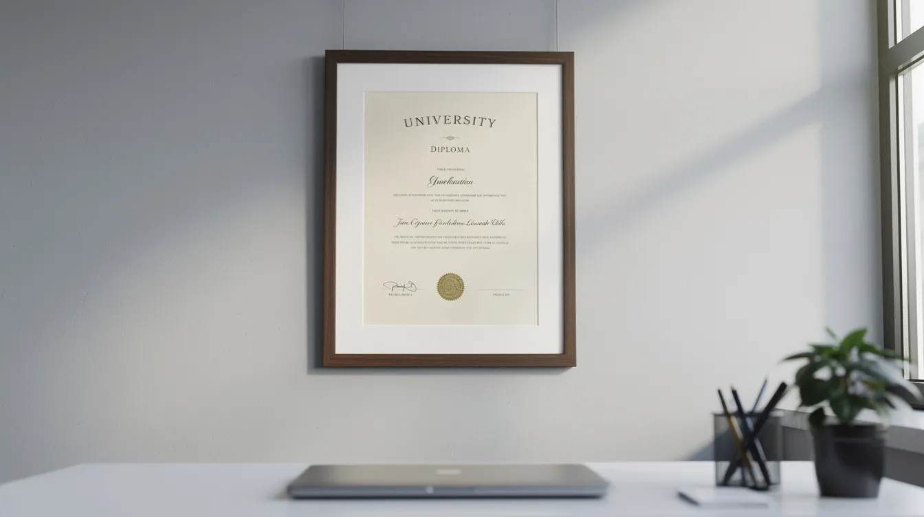 A framed diploma for an associate of arts degree hangs prominently on an office wall, symbolizing the achievement of higher education and the completion of general education coursework. This diploma represents the hard work and dedication required to succeed in an arts degree program, paving the way for various career options and lifelong learning.