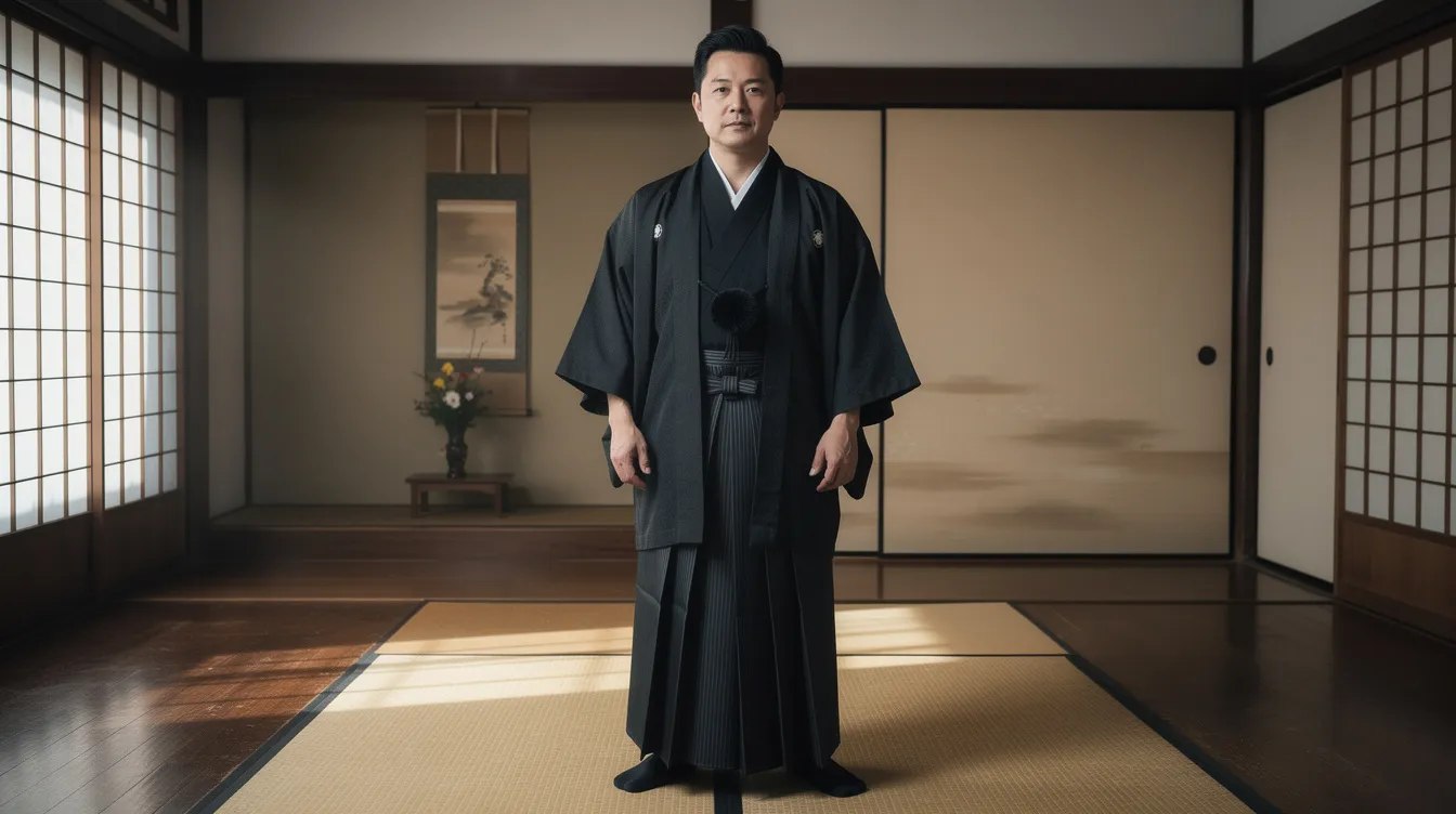 A man stands in a traditional Japanese room, wearing a full black formal hakama ensemble paired with a dark haori jacket, embodying the elegance of traditional Japanese clothing. The wooden floors and serene atmosphere reflect the cultural significance of martial arts traditions and formal occasions in Japan.