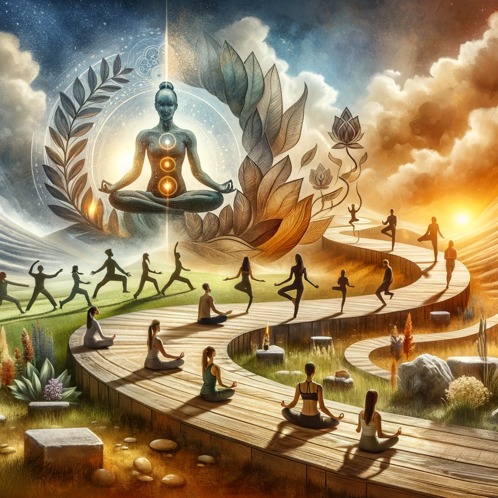 Inspirational image depicting the journey of personal growth and balance through Hatha Yoga. It features a diverse group of individuals at varying stages of their yoga practice, each representing the concept of tuning into the body's needs and finding serenity. The setting is both peaceful and dynamic, symbolizing the balance between tranquility and self-improvement. Pathways and stepping stones in the image metaphorically illustrate the gradual progression in yoga practice. This scene embodies the essence of Hatha Yoga as a practice focused on being and self-discovery, encouraging a healthier and happier self.