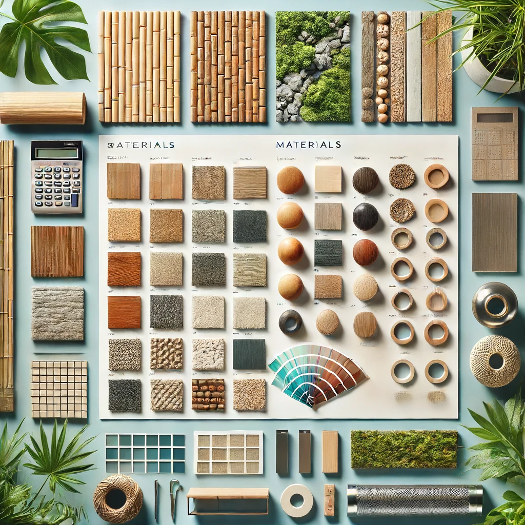 bamboo, recycled wood, and metal in a neatly organized manner, highlighting their textures and unique characteristics.