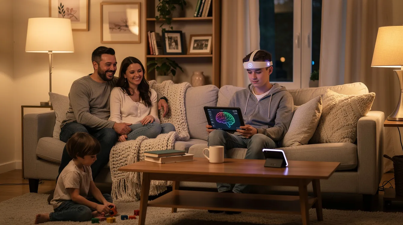 A teenager is sitting comfortably in a cozy living room, wearing a neurofeedback headband device while engaged in a session aimed at improving focus and emotional regulation. Surrounding them, family members are present, creating a supportive environment for their neurofeedback therapy, which is often used to address ADHD symptoms and enhance cognitive function.
