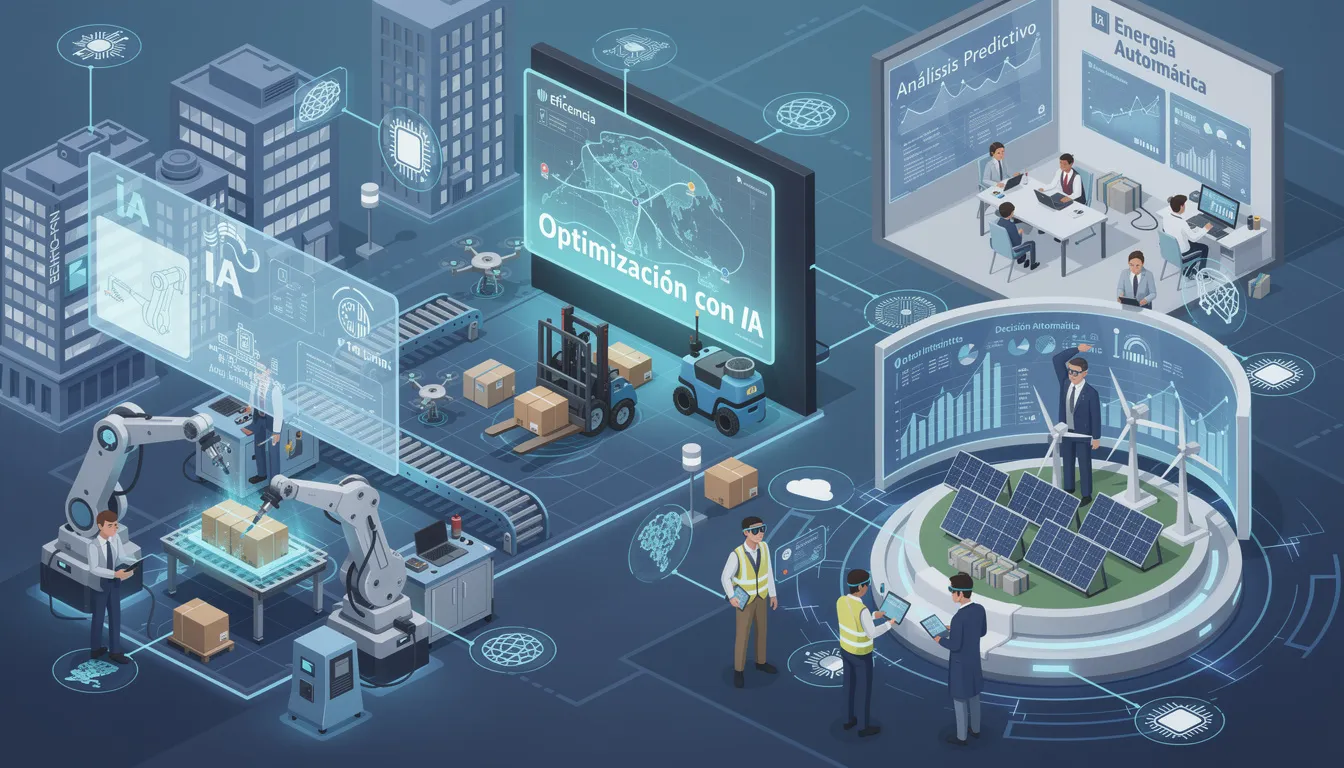 La imagen representa diversos sectores industriales que implementan soluciones de inteligencia artificial, mostrando cómo empresas utilizan herramientas de IA y aprendizaje automático para optimizar procesos y mejorar la toma de decisiones. Se visualizan flujos de trabajo automatizados y la integración de tecnología en diferentes ámbitos, reflejando el impacto de la IA en la productividad y el crecimiento empresarial.