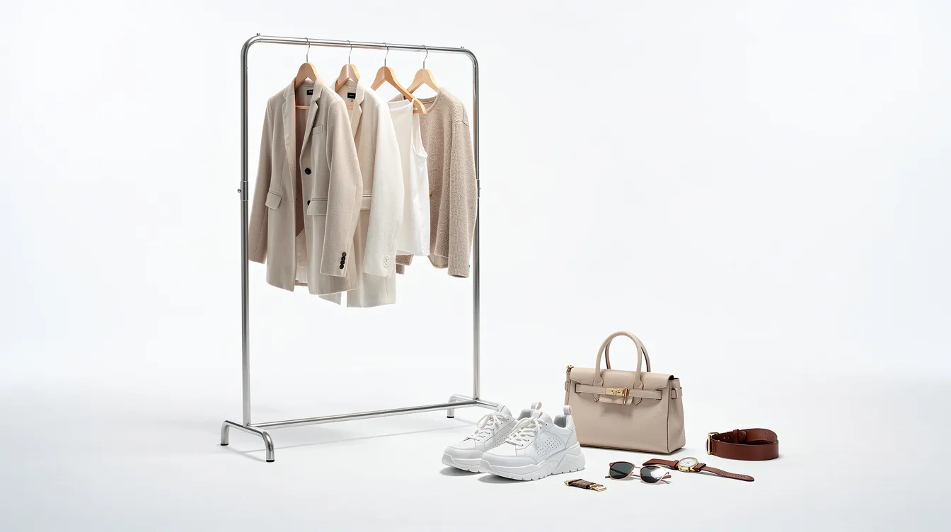 The image features a stylish fashion rack displaying an array of sneakers alongside various accessories, all meticulously arranged for an ecommerce photoshoot. This setup highlights the clean design and visual storytelling essential for showcasing products in a Shopify store, emphasizing the importance of presentation in online retail.