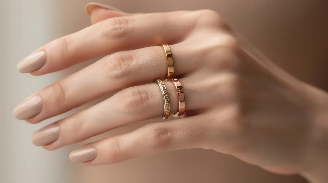A close-up of hands showcases beautifully stacked rings featuring a mix of yellow gold, platinum, and rose gold, highlighting the interplay of warm and cool tones. The layered design creates visual interest through the combination of different metal finishes, emphasizing a modern aesthetic.