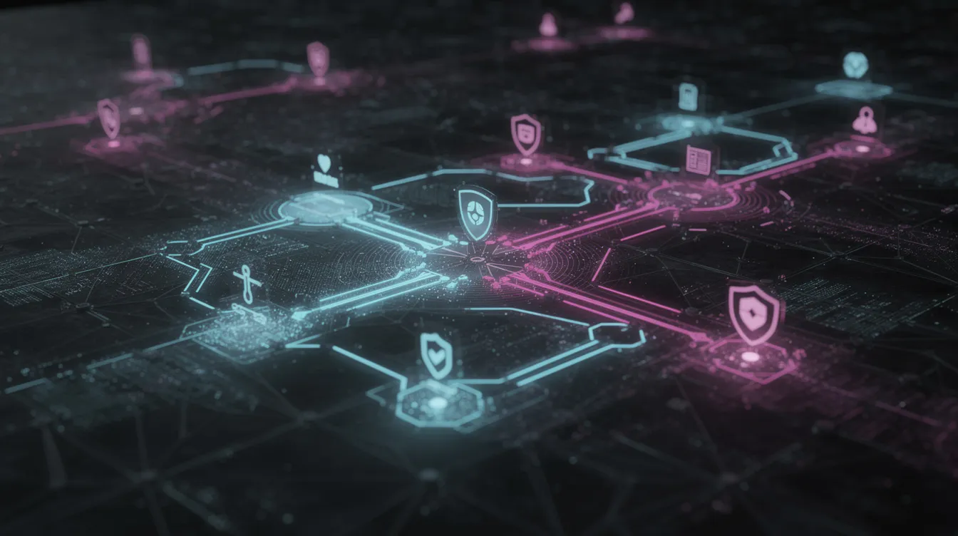 The image depicts a dark, abstract network visualization featuring interconnected nodes and flowing data streams, symbolizing automated vulnerability remediation tools used by security teams. This representation highlights the importance of vulnerability management and exposure management in cloud environments, showcasing how security analysts can utilize these automated remediation tools for continuous vulnerability management and effective threat intelligence.