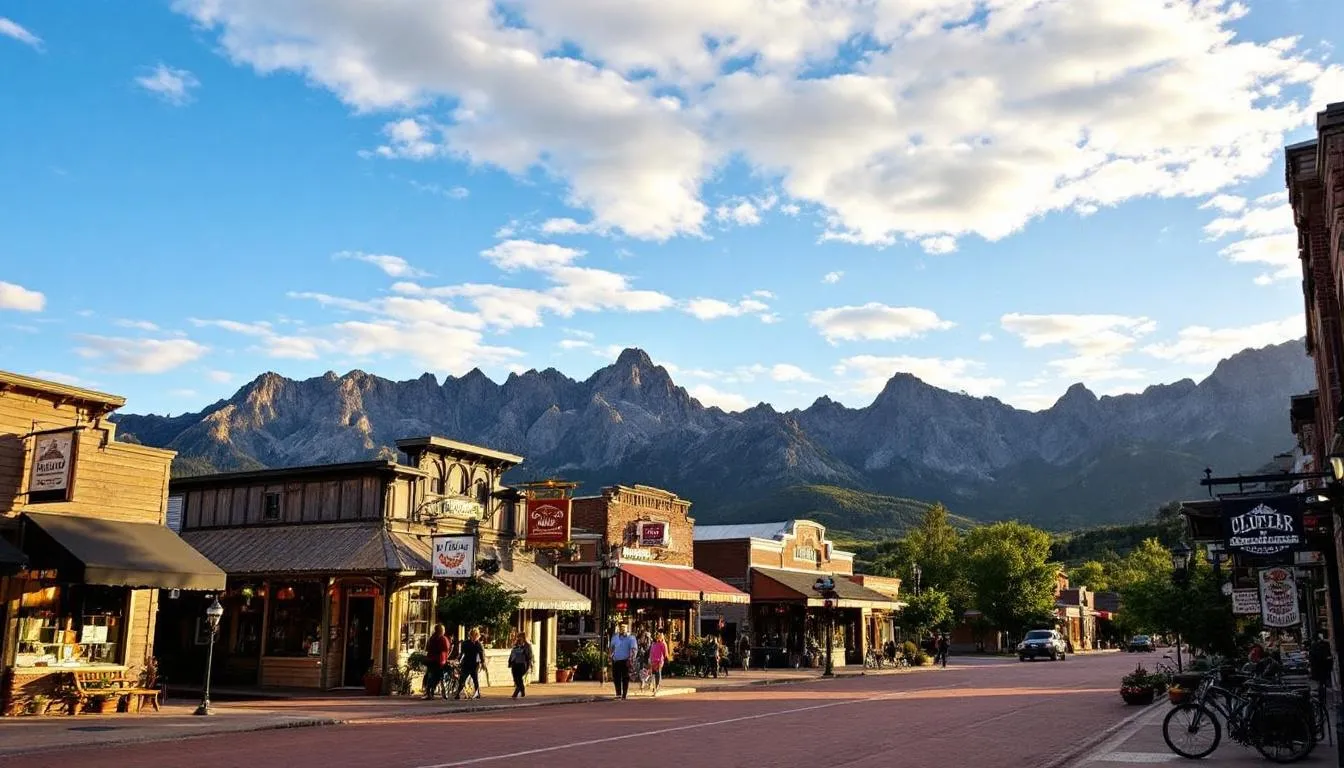 A picturesque small town main street showcases local shops with stunning mountain views in the background.