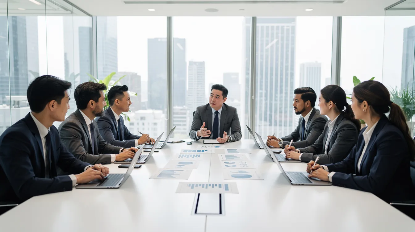 The image depicts a professional meeting in a modern office setting, with a table covered in various documents related to tax law and estate planning. Attendees, likely tax attorneys and business owners, engage in discussion, highlighting the importance of tax compliance and legal representation in navigating complex tax matters.