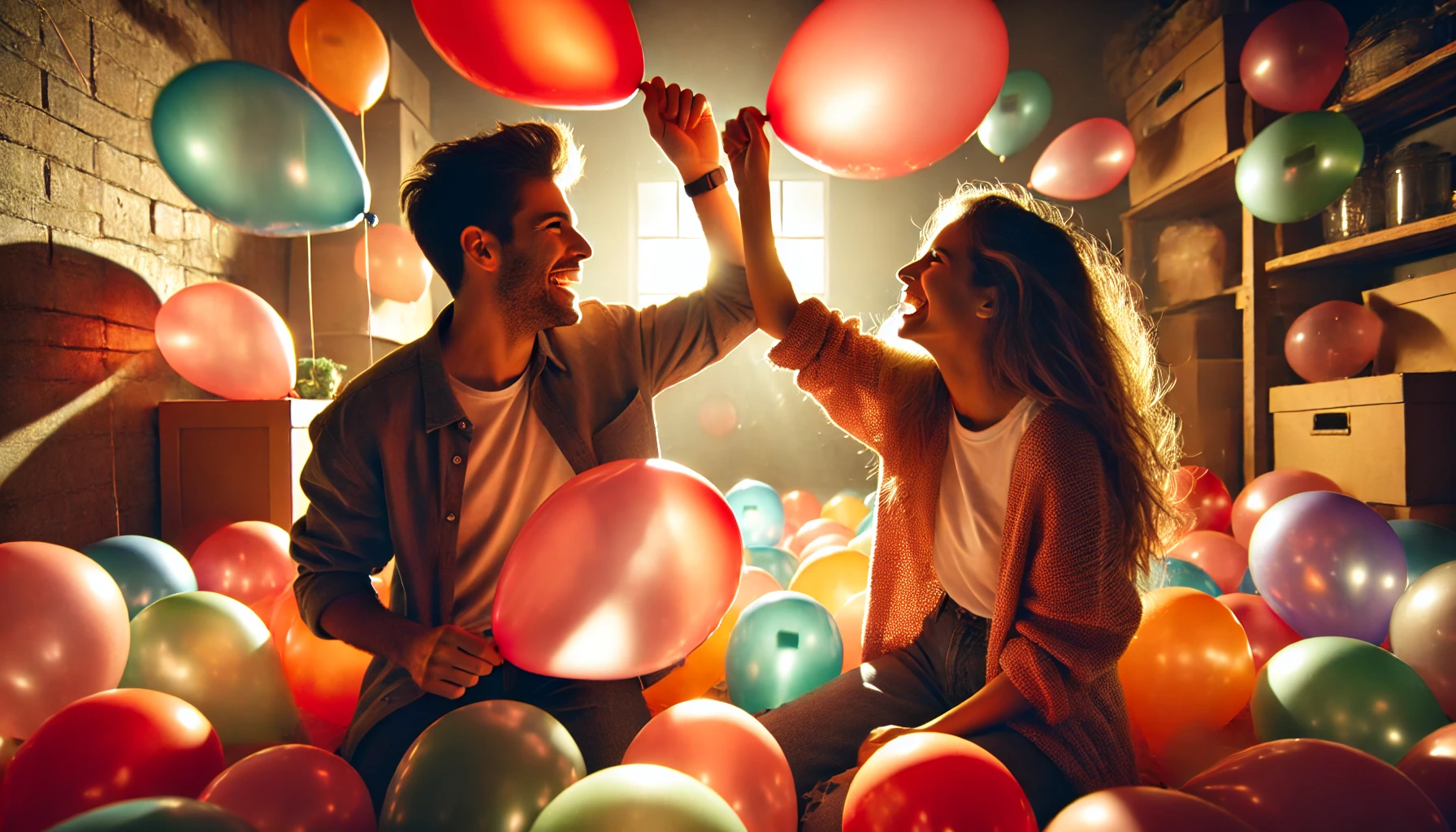 A couple engaging in balloon-popping