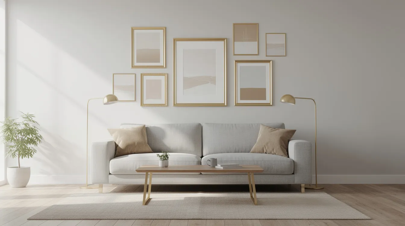 I bilden syns ett vardagsrum med en grå soffa i förgrunden och flera guldramade bilder hängande på en ljus vägg ovanför. Ramarna är i guldfärg och varierar i storlek, vilket ger en elegant och stilren känsla till rummet.