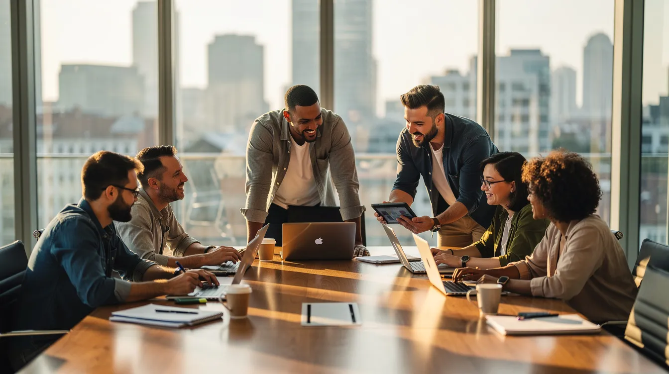 A diverse group of team members collaborates around laptops in a modern conference room, engaged in discussions about building AI agents and exploring automation tools. The atmosphere is focused and dynamic, showcasing the teamwork essential for developing complex workflows and intelligent agents.
