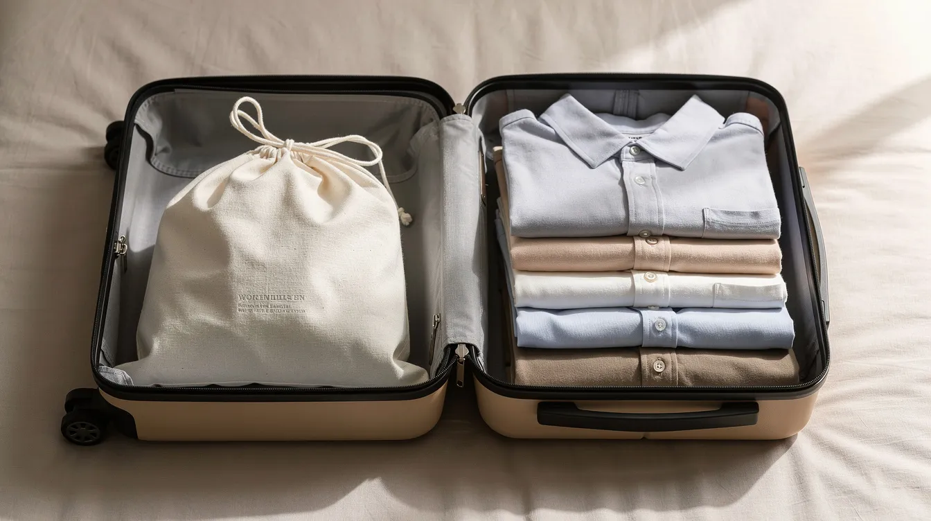 The image shows a neatly packed rolling suitcase, with a laundry bag filled with dirty clothes on one side and a pile of clean, folded clothing, including t-shirts and socks, on the other side, illustrating tips for packing light for a weekend trip.