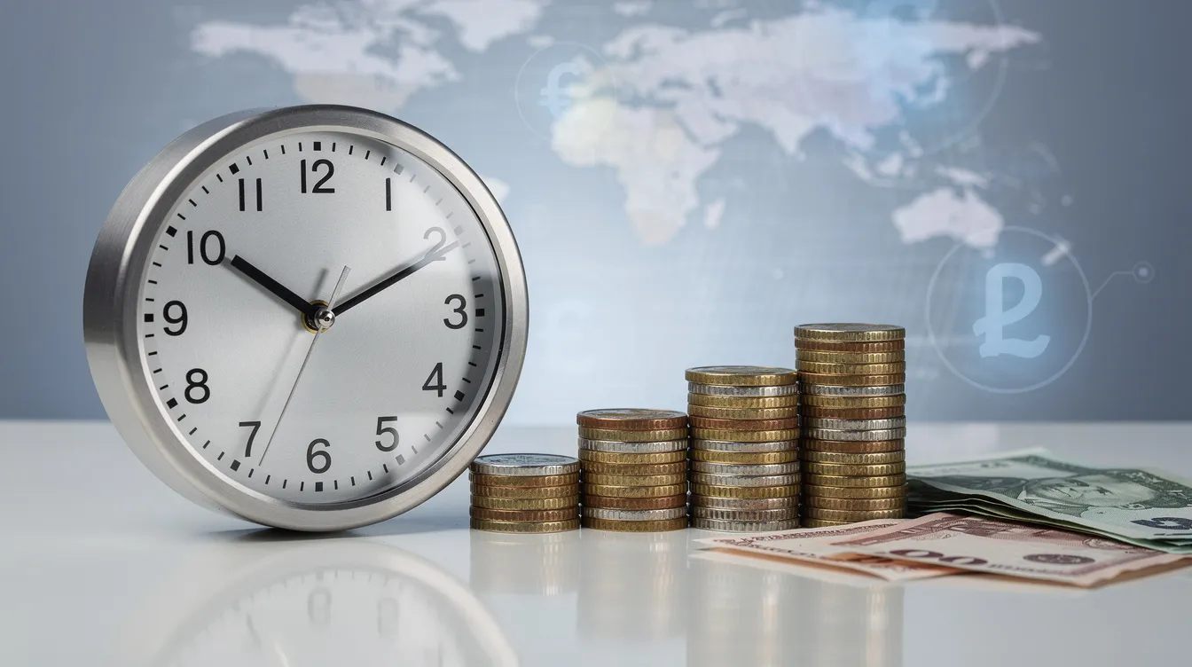The image features a clock positioned next to a stack of coins, symbolizing the relationship between time and money in international money transfers. This visual representation emphasizes the importance of timely international payments and the financial planning involved in sending money abroad.