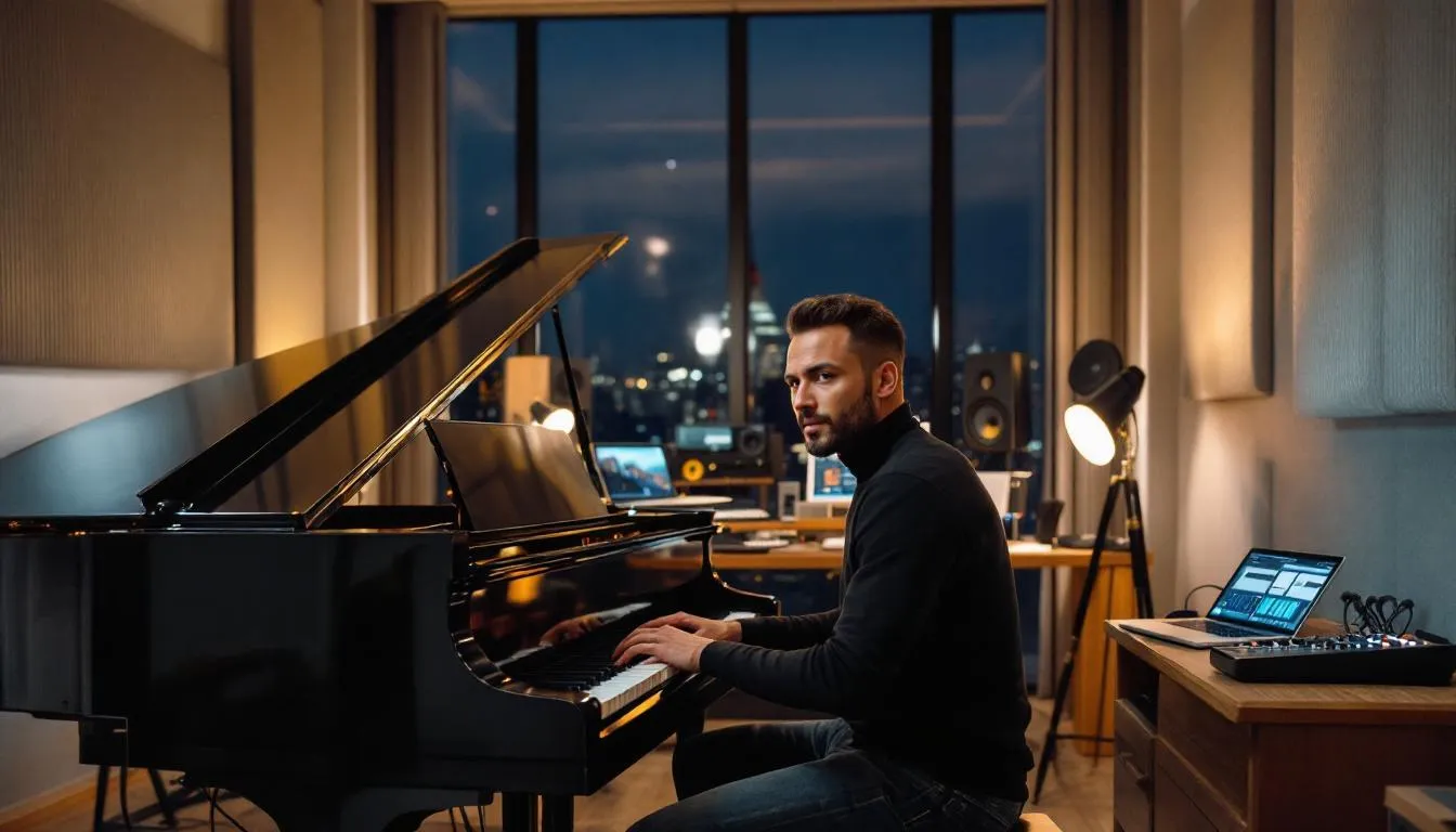 The image depicts a vibrant collaboration between human musicians and artificial intelligence, showcasing an innovative creative process in the music industry. AI-powered tools are illustrated as supportive partners, enhancing human creativity by overcoming creative blocks and generating new musical compositions, highlighting the emotional depth and artistic expression that emerges from this human-AI collaboration.