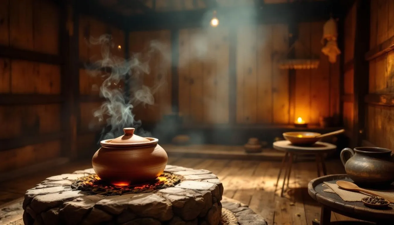The image depicts a serene setting for Svedana, an Ayurvedic heat therapy session, featuring an infrared sauna surrounded by natural elements. The scene highlights the benefits of sweat therapy for detoxification and relaxation, improving blood circulation and promoting physical health by alleviating muscle tension and enhancing the immune system.