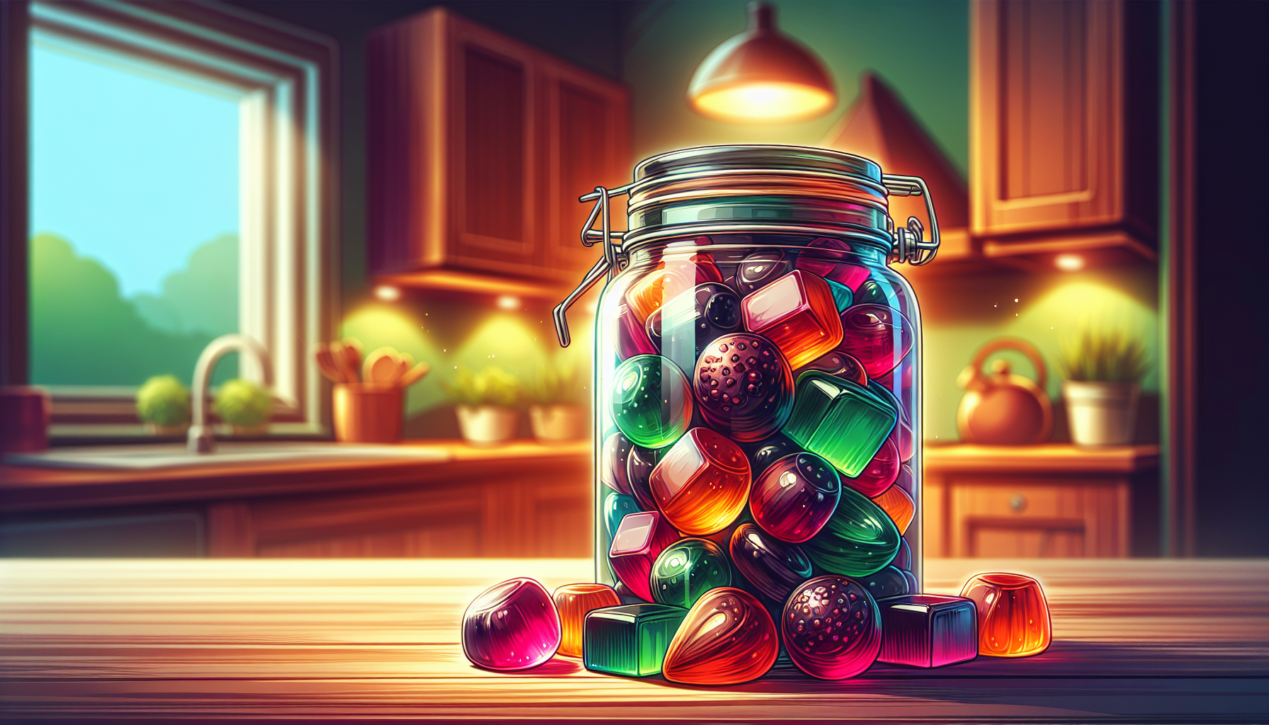 An illustration of colorful shilajit gummies in a jar.