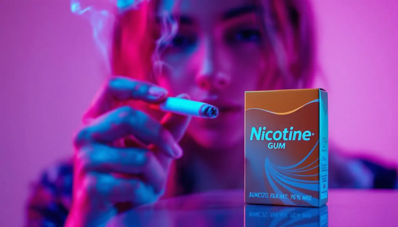 A blurred image of a person smoking a cigarette, with nicotine gum in the foreground.