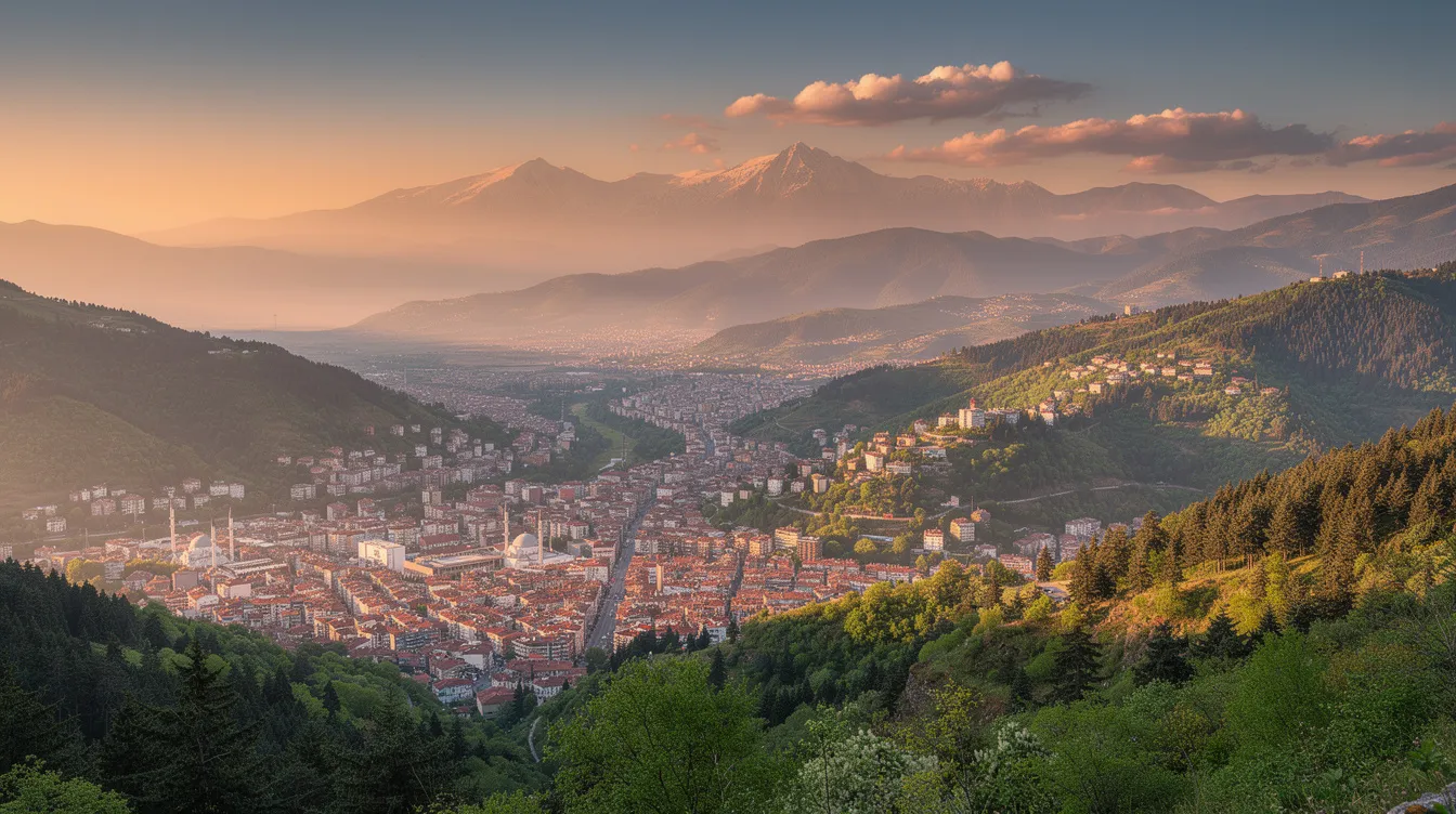 Vista panorámica de Bursa, una ciudad verde en el noroeste de Turquía, rodeada de majestuosas montañas y densos bosques al atardecer, donde se pueden apreciar las cúpulas de la gran mezquita y el mausoleo verde, reflejando su rica historia como capital del imperio otomano.