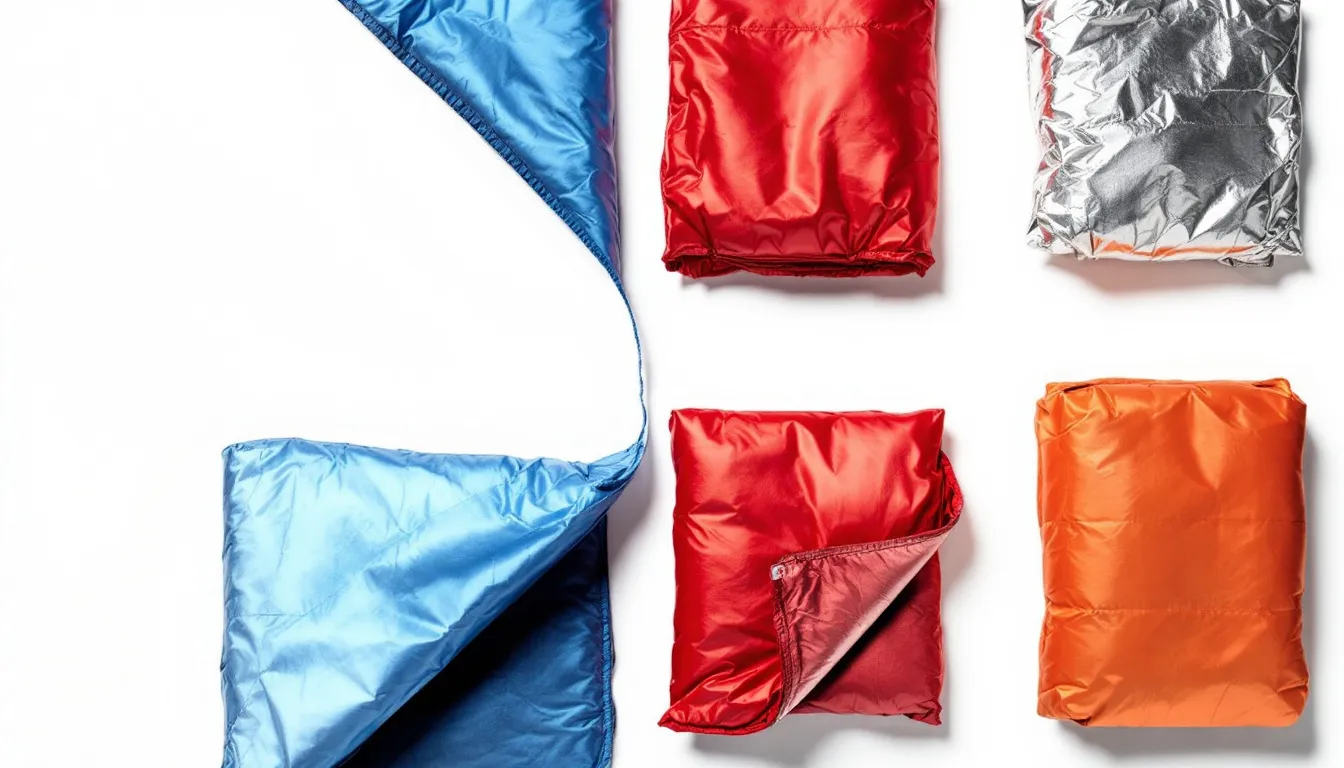 A collection of various best space blankets designed for outdoor use is displayed, featuring mylar blankets that reflect body heat and provide warmth in emergency situations. These durable, lightweight emergency blankets are shown in different sizes and colors, highlighting their reflective material that helps prevent heat loss while serving as essential gear for survival kits.