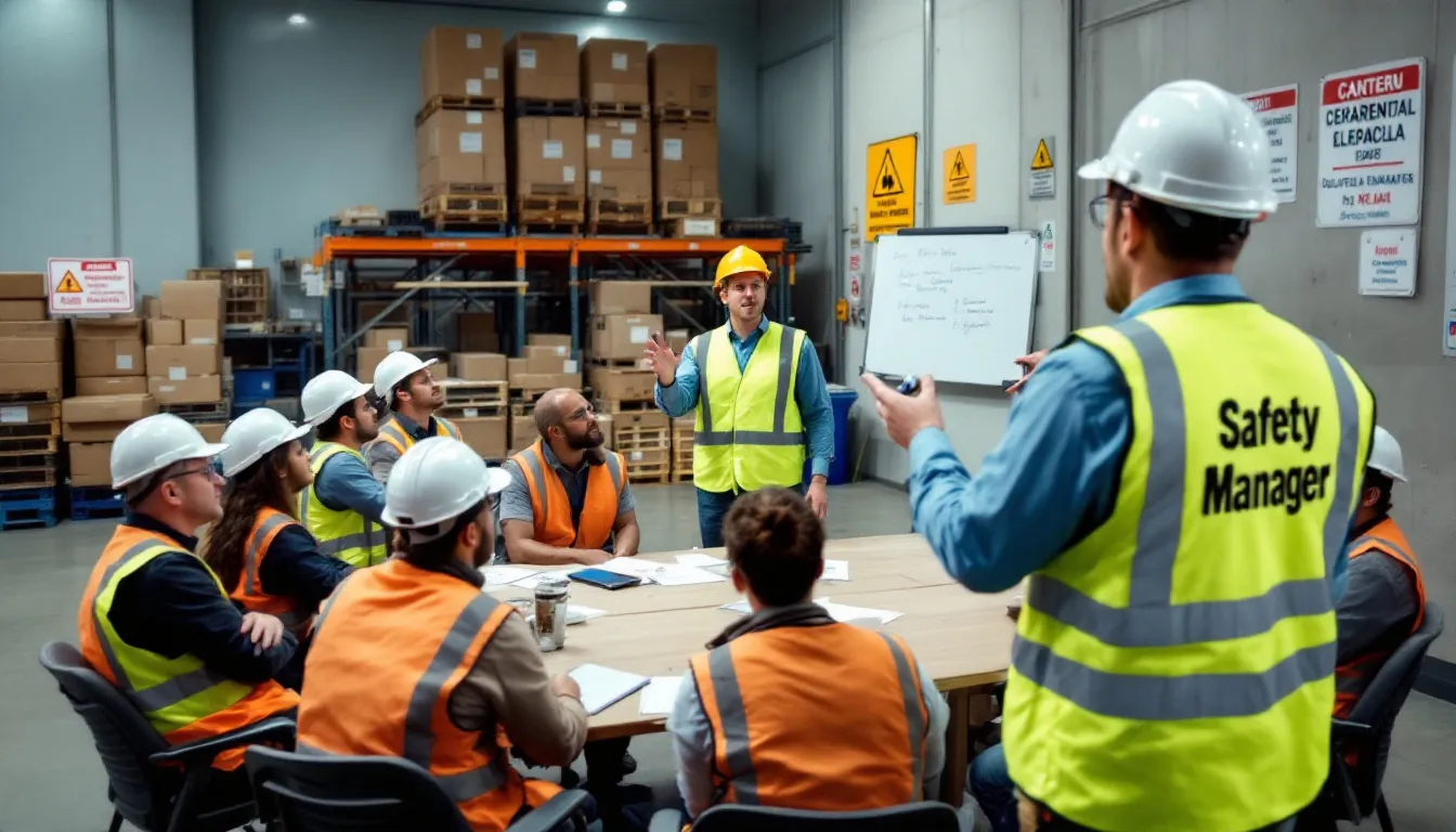 In the image, a group of employees is gathered in a warehouse for a safety meeting, discussing important information about preventing work-related injuries and promoting health. The atmosphere is focused on encouraging workers to understand their rights and benefits related to workers compensation insurance and support for injured workers.