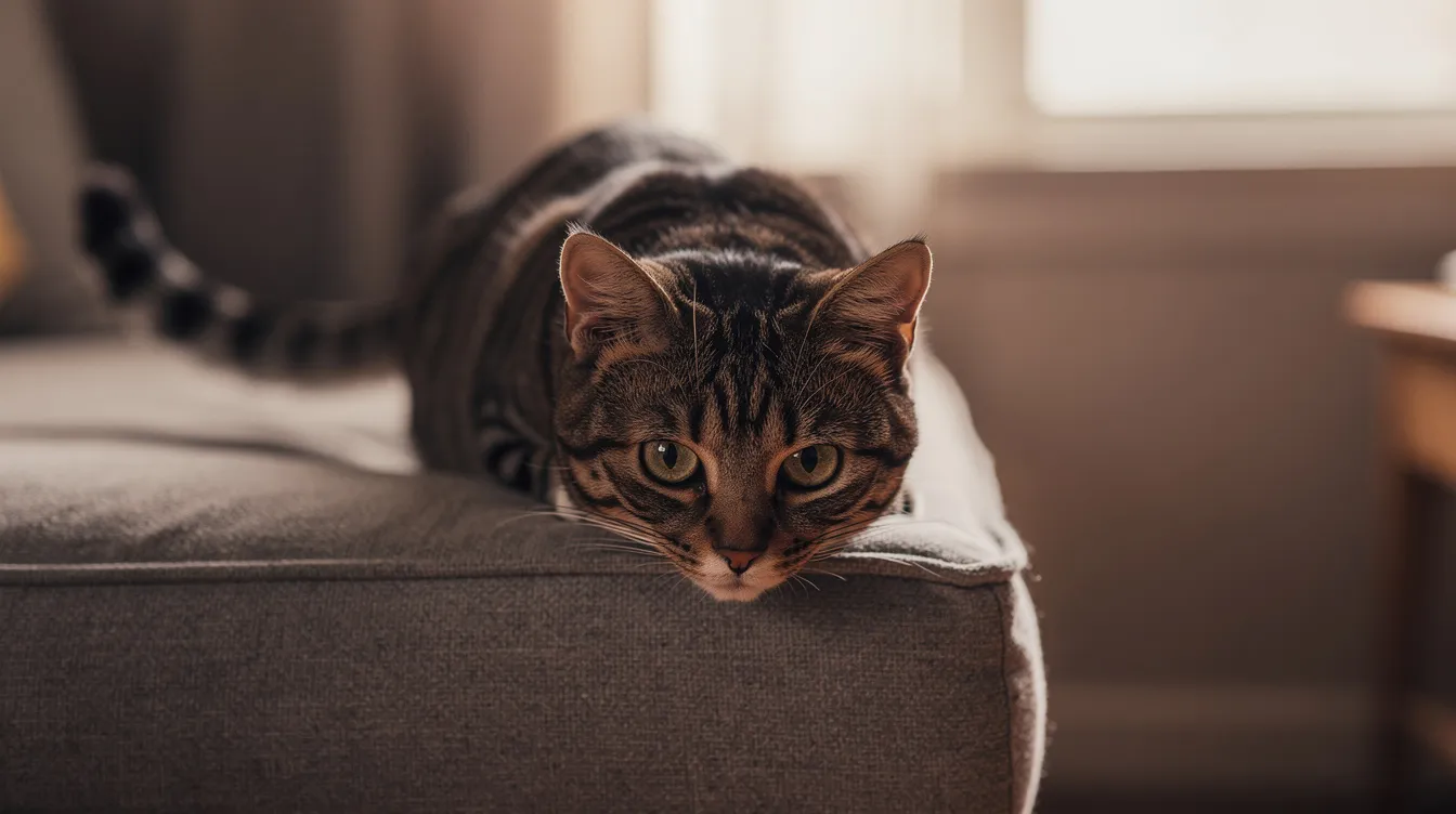 A focused tabby cat is crouched low behind a couch cushion, with wide eyes and a twitching tail, ready to pounce on its toy. This playful scene captures the active energy of most cats as they engage in fun playtime, showcasing their natural hunting instincts.