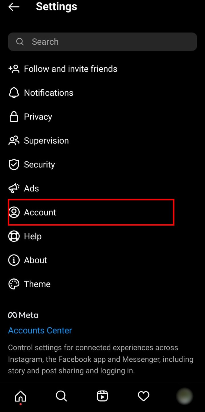 Account option in settings in Instagram