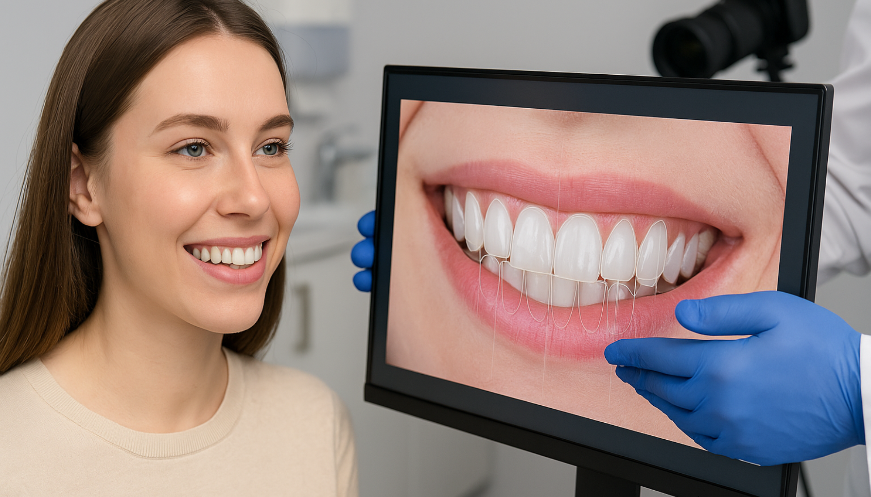 Achieve Your Perfect Smile with Digital Smile Design Technology 13 Patient smiles during digital smile design consultation with dentist showing dental plan on screen in clinic.